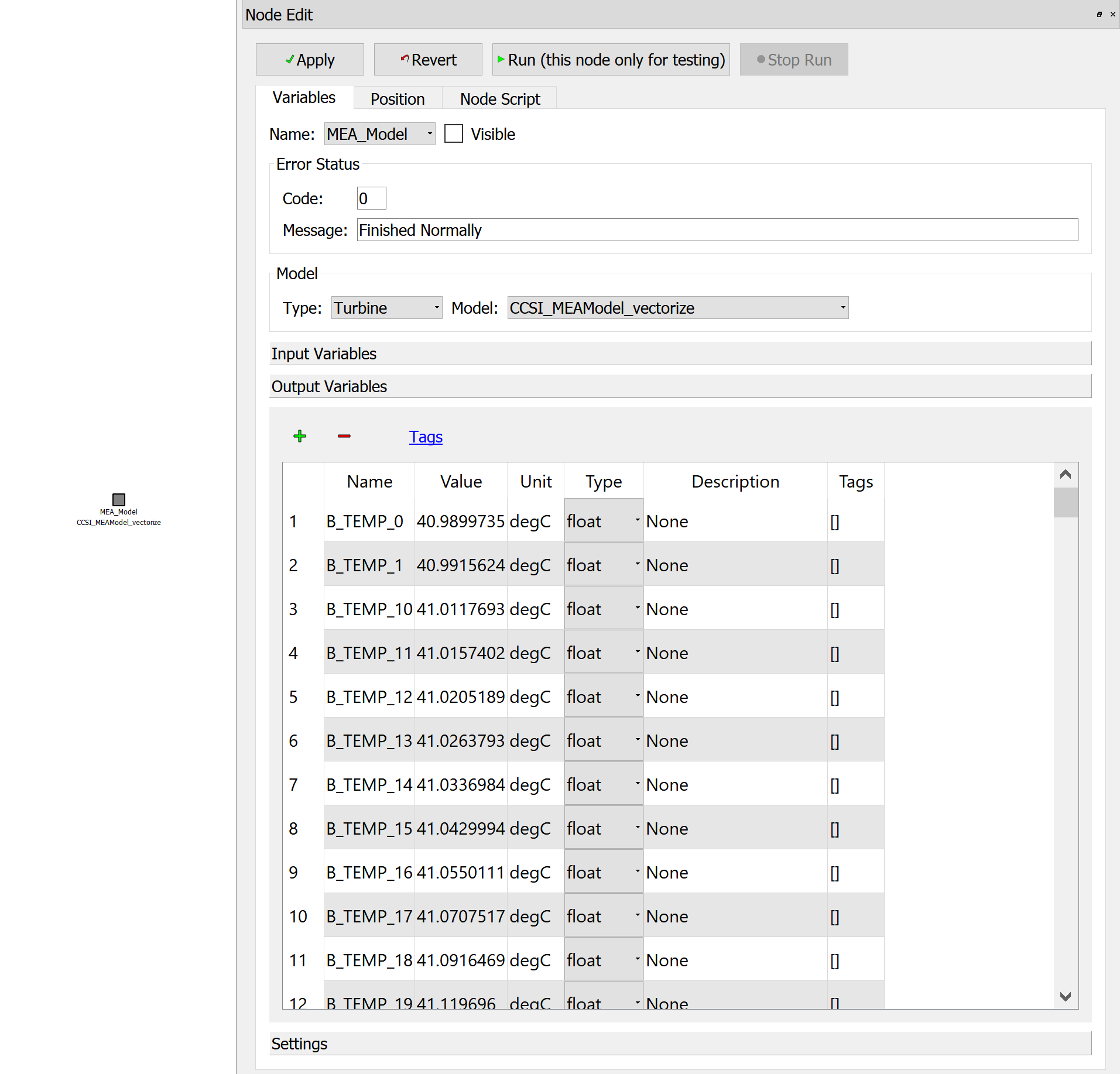 Figure 6: Turbine Model loaded in FOQUS node - Outputs