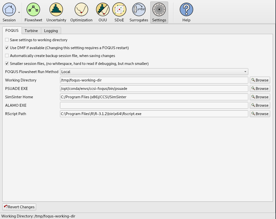 Figure 1: The FOQUS "Settings" tab