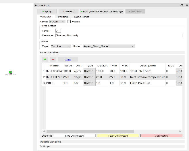 Figure 2: Input variables of the Ethanol-CO2 Flash Simulation Node in FOQUS
