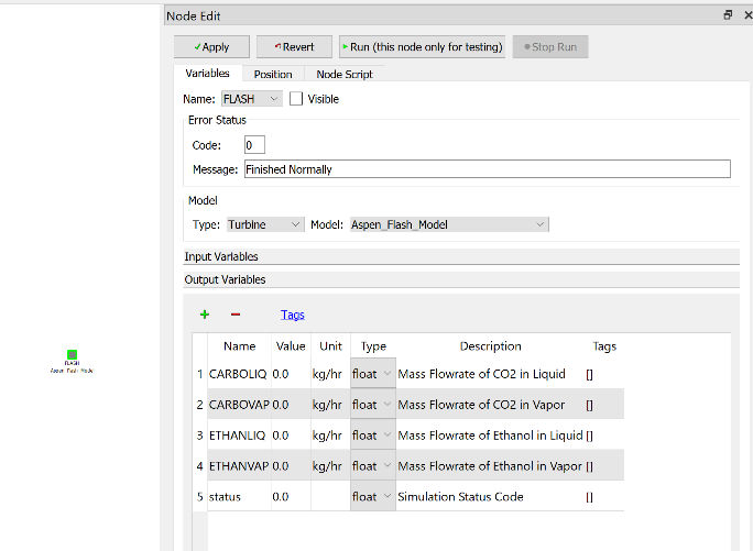 Figure 3: Output variables of the Ethanol-CO2 Flash Simulation Node in FOQUS
