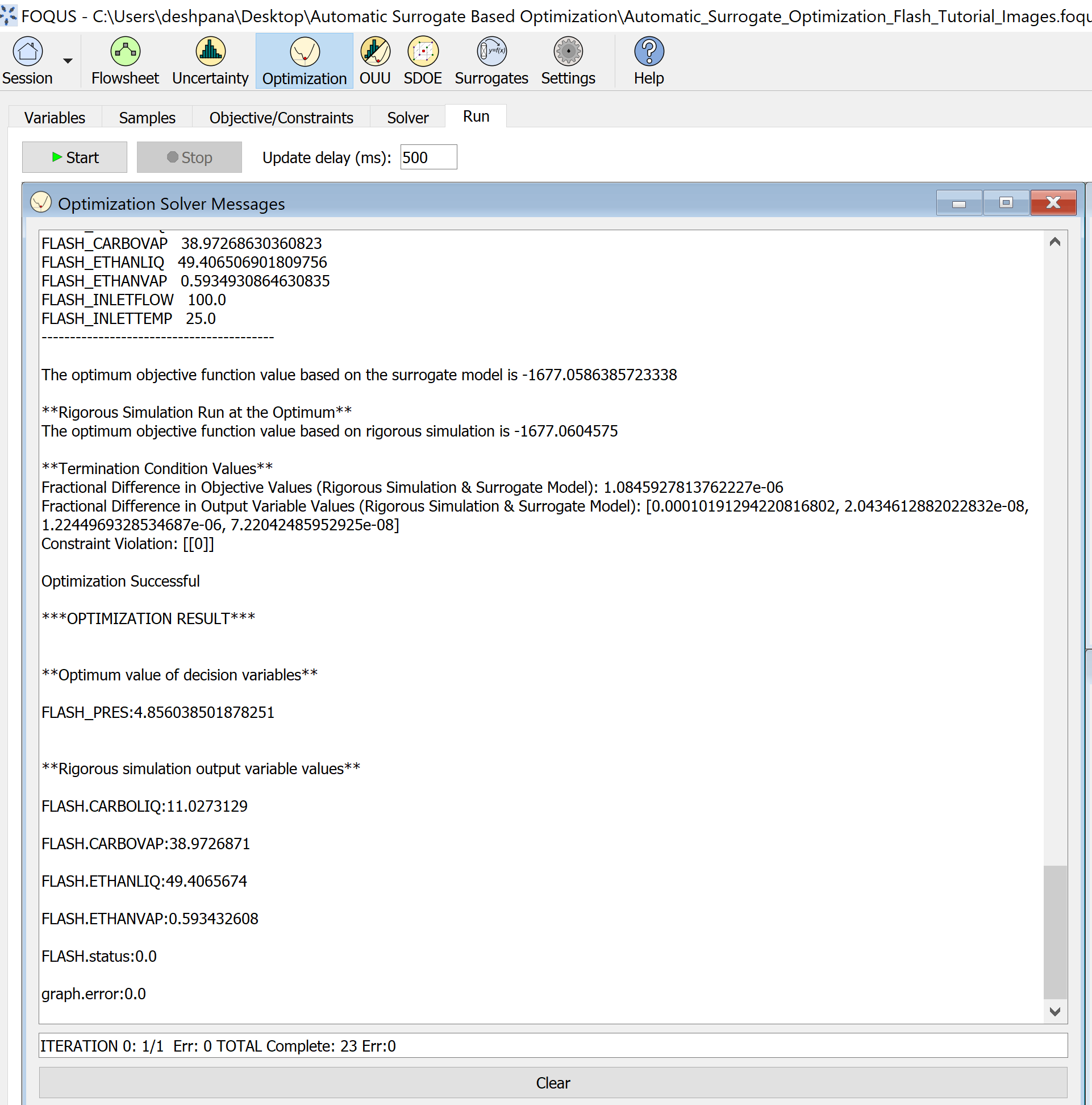 Figure 13: Start the optimization and check results in the message window