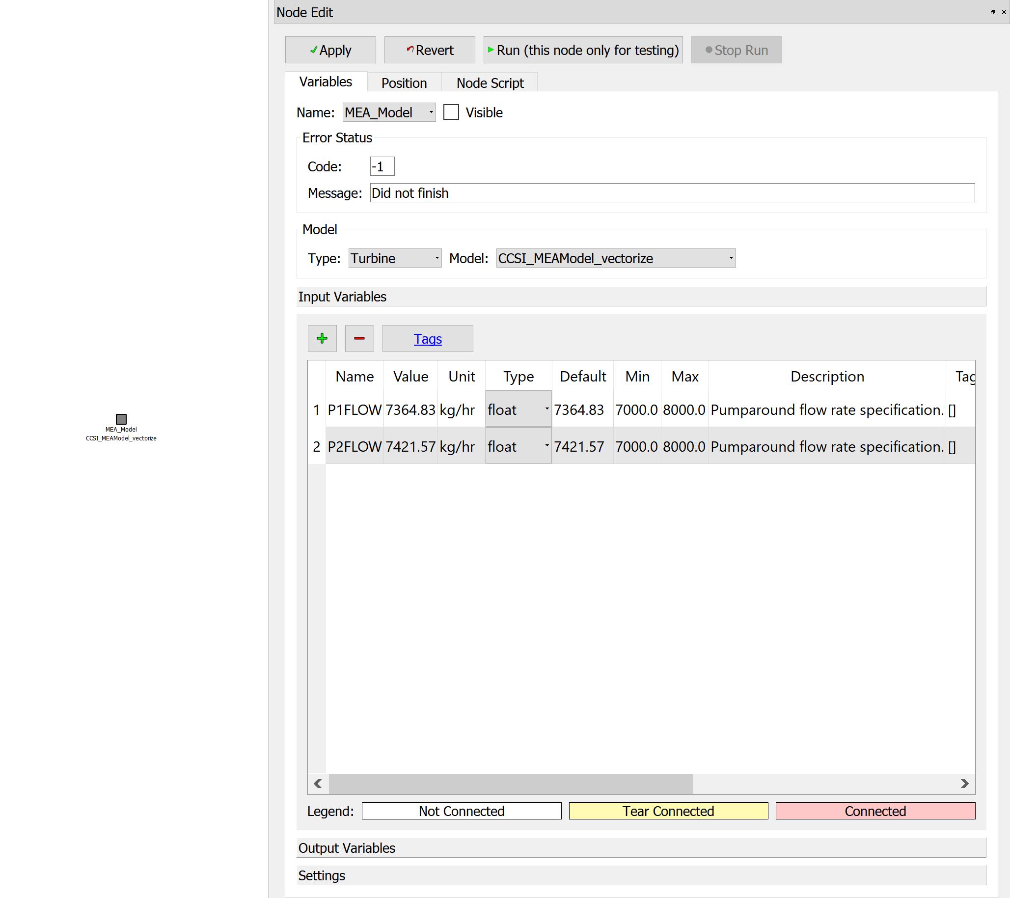 Figure 5: Turbine Model loaded in FOQUS node - Inputs