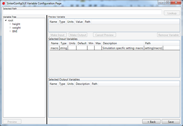 SinterConfigGUI Variable Configuration Page before Input