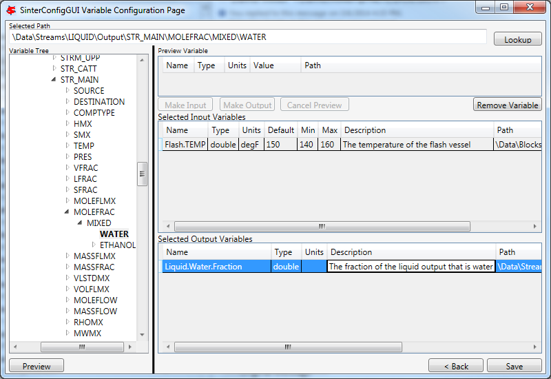 SinterConfigGUI Variable Configuration Page Output Variable