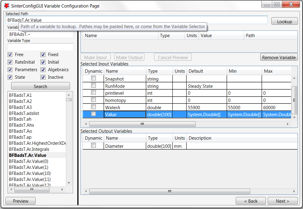SinterConfigGUI Variable Configuration Page Read Input